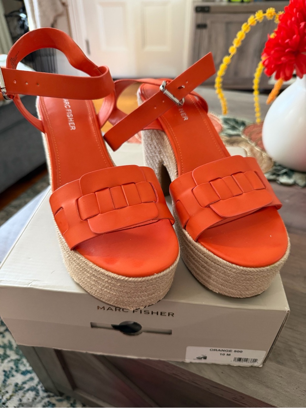 Marc Fisher Orange Leather Platform Espadrille Wedges